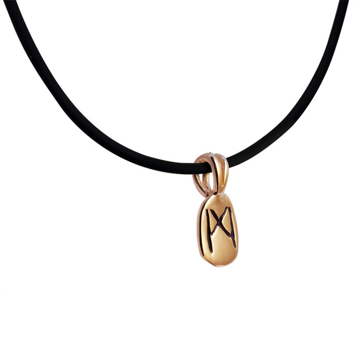 Mannaz Rune Pendant in Solid 14K Rose Gold with Rubber Necklace