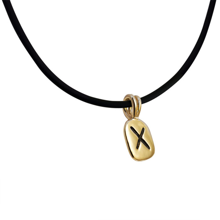 Gebo Rune Pendant in Solid 14K Yellow Gold with Rubber Necklace
