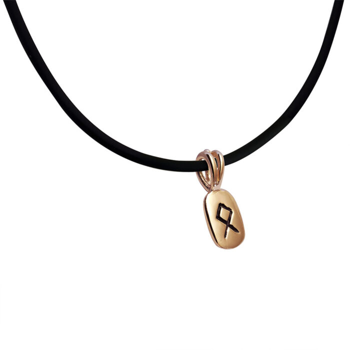 Othila Rune Pendant in Solid 14K Rose Gold with Rubber Necklace
