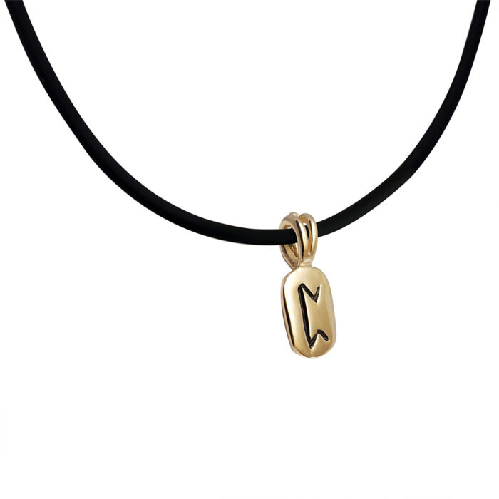 Perth Rune Pendant in Solid 14K Yellow Gold with Rubber Necklace
