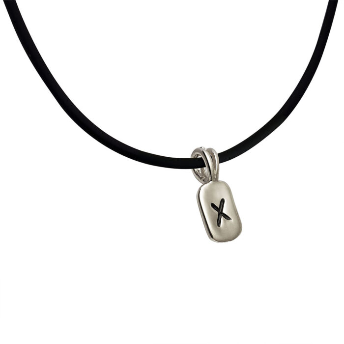 Nauthiz Rune Pendant in Solid Sterling Silver on Rubber Necklace