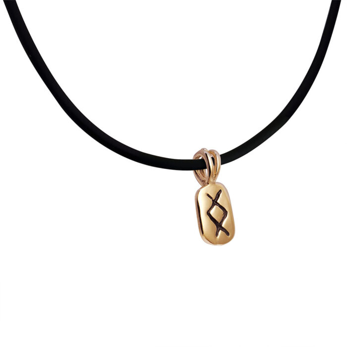 Inguz Rune Pendant in Solid 14K Rose Gold with Rubber Necklace