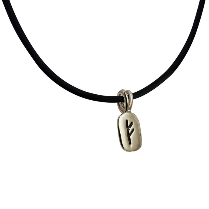 Fehu Rune Pendant in Solid 14K White Gold with Rubber Necklace