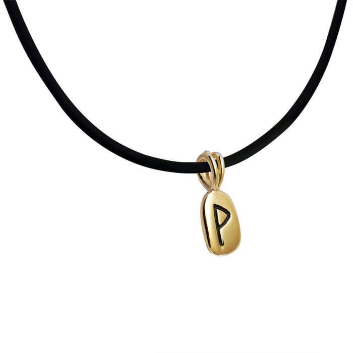 Wunjo Rune Pendant in Solid 14K Yellow Gold with Rubber Necklace