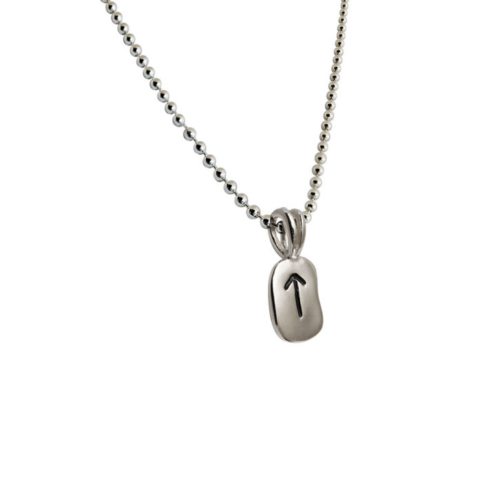 Teiwaz Rune Pendant in Solid Sterling Silver with Silver Bead Necklace