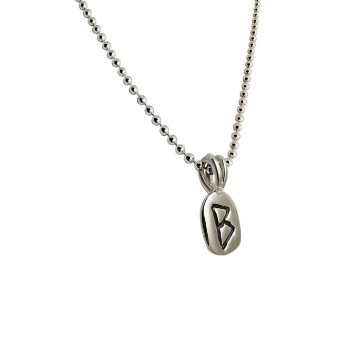 Berkana Rune Pendant in Solid Sterling Silver with Silver Bead Necklace