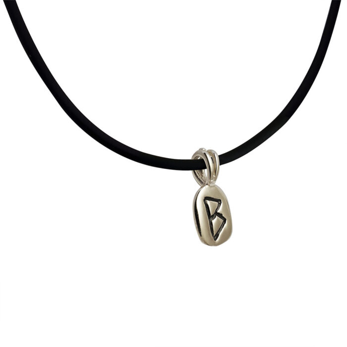 Berkana Rune Pendant in Solid 14K White Gold with Rubber Necklace