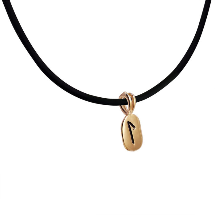 Laguz Rune Pendant in Solid 14K Rose Gold with Rubber Necklace