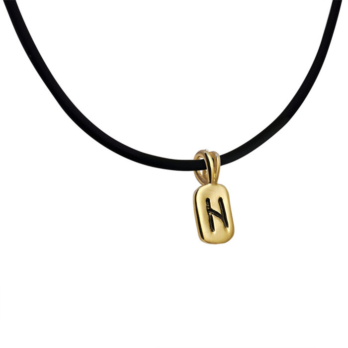 Hagalaz Rune Pendant in Solid 14K Yellow Gold with Rubber Necklace