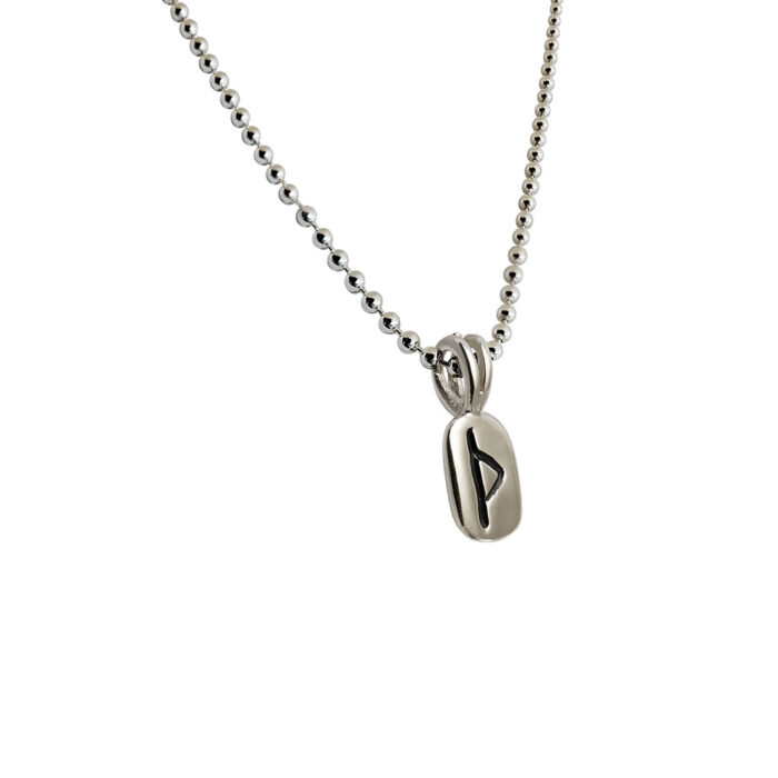 Thurisaz Rune Pendant in Solid Sterling Silver with Silver Bead Necklace