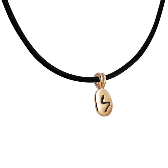 Sowelu Rune Pendant in Solid 14K Rose Gold on Rubber Necklace