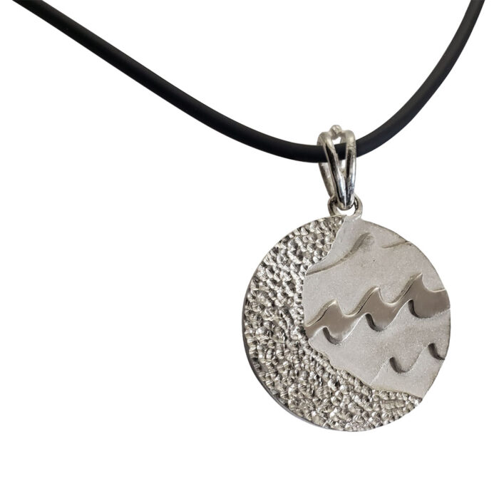 Large Reversible Sterling Silver Carmel Charm Pendant with Rubber Chain