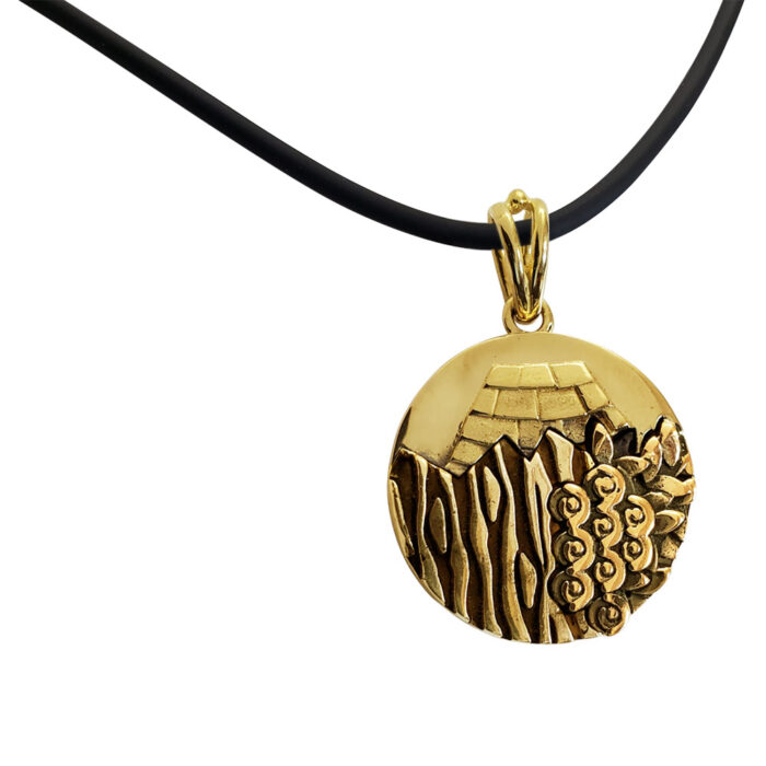 Large Reversible 14K Yellow Gold Carmel Charm Pendant with Rubber Chain