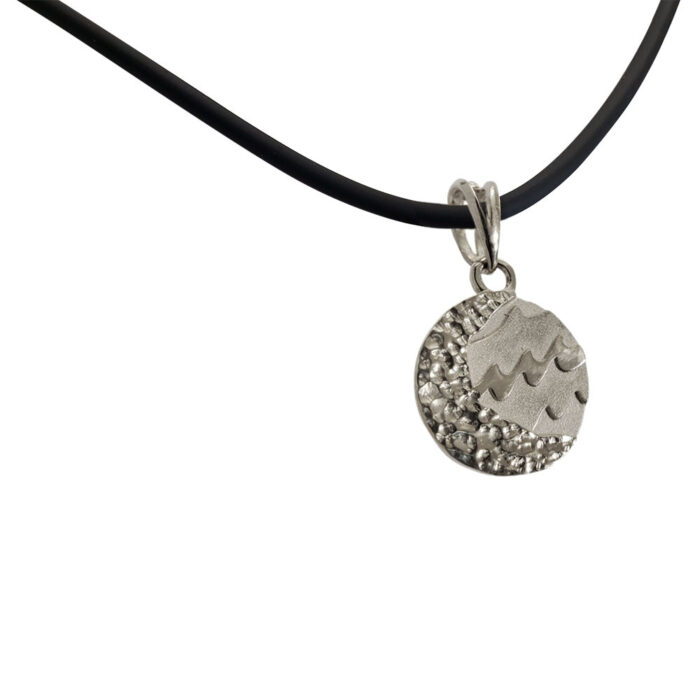Small Reversible Sterling Silver Carmel Charm Pendant on Rubber Necklace